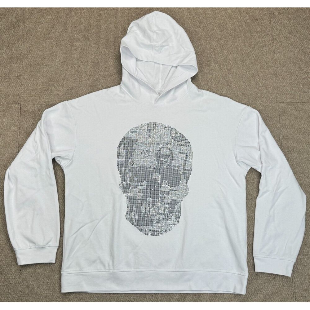 Heads Or Tails Skull Rhinestones Men's White Long Sleeve Hoodie‎ Size 2XL
